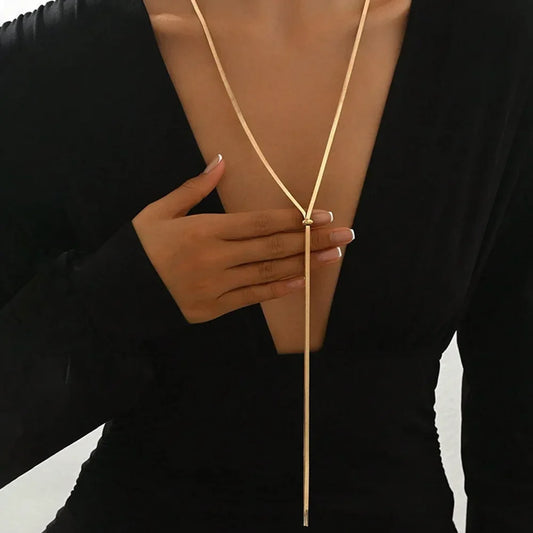 Long Flat Snake Bone Y-Shaped  Chain Necklace for Women Gold Color Fashion Jewelry