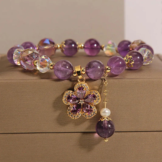 Natural Amethyst Bracelet for Women, Floral Boho Chic Crystal Beads Handmade Adjustable