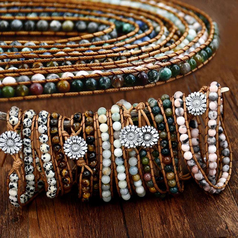 Boho Natural Stone Wrap Bracelet Leather Multilayers Colorful Jasper Agate Beaded Flower Charm Handmade Bracelets