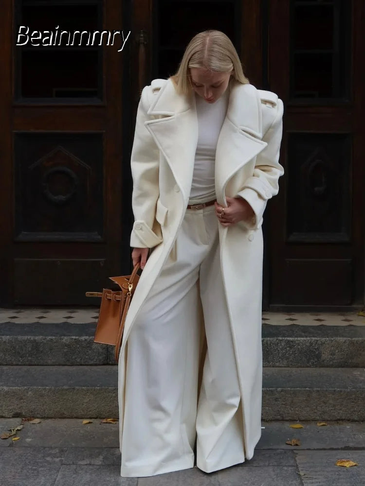 Elegant Lace Up Overcoats Women Double-breasted Wool Long Coats With Pockets 2025 High Street Fashion Autumn Winter Outerwears