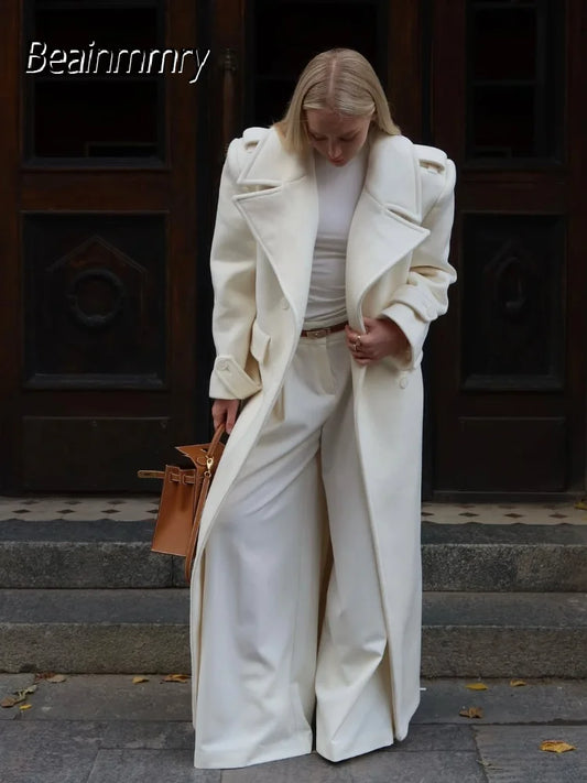 Elegant Lace Up Overcoats Women Double-breasted Wool Long Coats With Pockets 2025 High Street Fashion Autumn Winter Outerwears