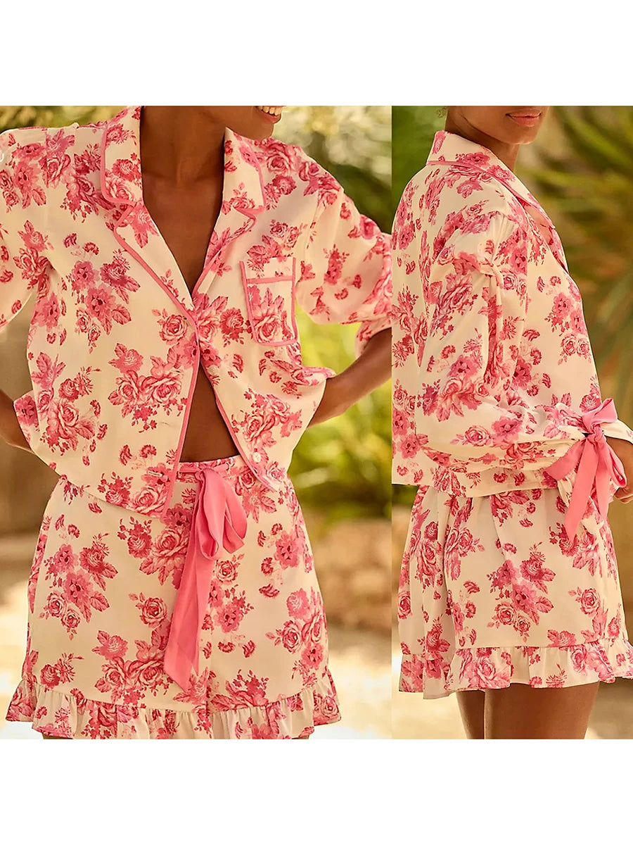 Women s Floral Print Pajama Set Long Sleeve Lapel Button Up Shirt and Shorts Sleepwear Lounge Sets for Summer