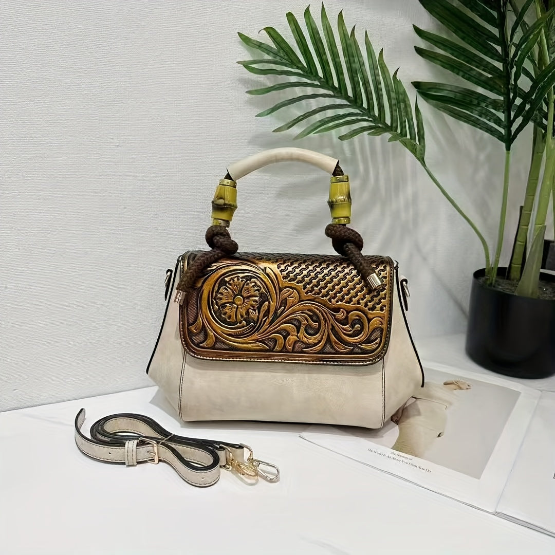 2025 Retro Chinese-Inspired Floral Carved Women's Handbag - Premium Second-Layer Leather Convertible Crossbody/Shoulder Bag with Adjustable Braided Strap, Secure Clasp Closure & Lined Interior - Available in Deep Brown, Beige