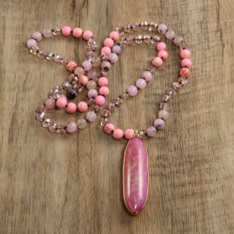 Women's Bohemian Multi-Color Bead Necklace with Pink & Magenta Marbled Teardrop Pendant - Pastel Pink/Green/Beige/Golden/Taupe Beads - Beige-Tone Accentuating Jewelry Gift for Fair Beige Tones, Everyday Boho Necklace (No Plat