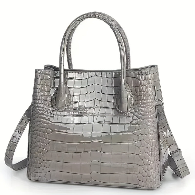 Women's Genuine Leather Shoulder Bag with Detachable Strap & Adhesive Closure - Striped Handbag in Gray/Red/Black, Polyester Lining & Oil-Edged Trim for Durability, Versatile for Casual & Formal Use
