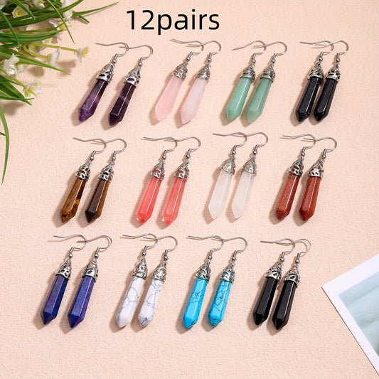 12Pairs Stone Earrings Sets For Men Women Natural Amethyst Rose Quartz Stone Hexagonal Dangle Stainless Steel Hook Earrings