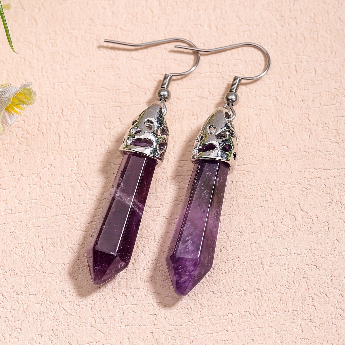 12Pairs Stone Earrings Sets For Men Women Natural Amethyst Rose Quartz Stone Hexagonal Dangle Stainless Steel Hook Earrings