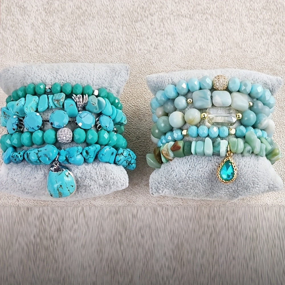 5pcs Boho Beaded Turquoise Bracelet Set, Stackable Multi-Layer Handmade Crystal And Turquoise Stretch Bracelets, Classic Design For Daily And Vacation Wear-Bohemian Elegant Style Suitable For Women Stackable