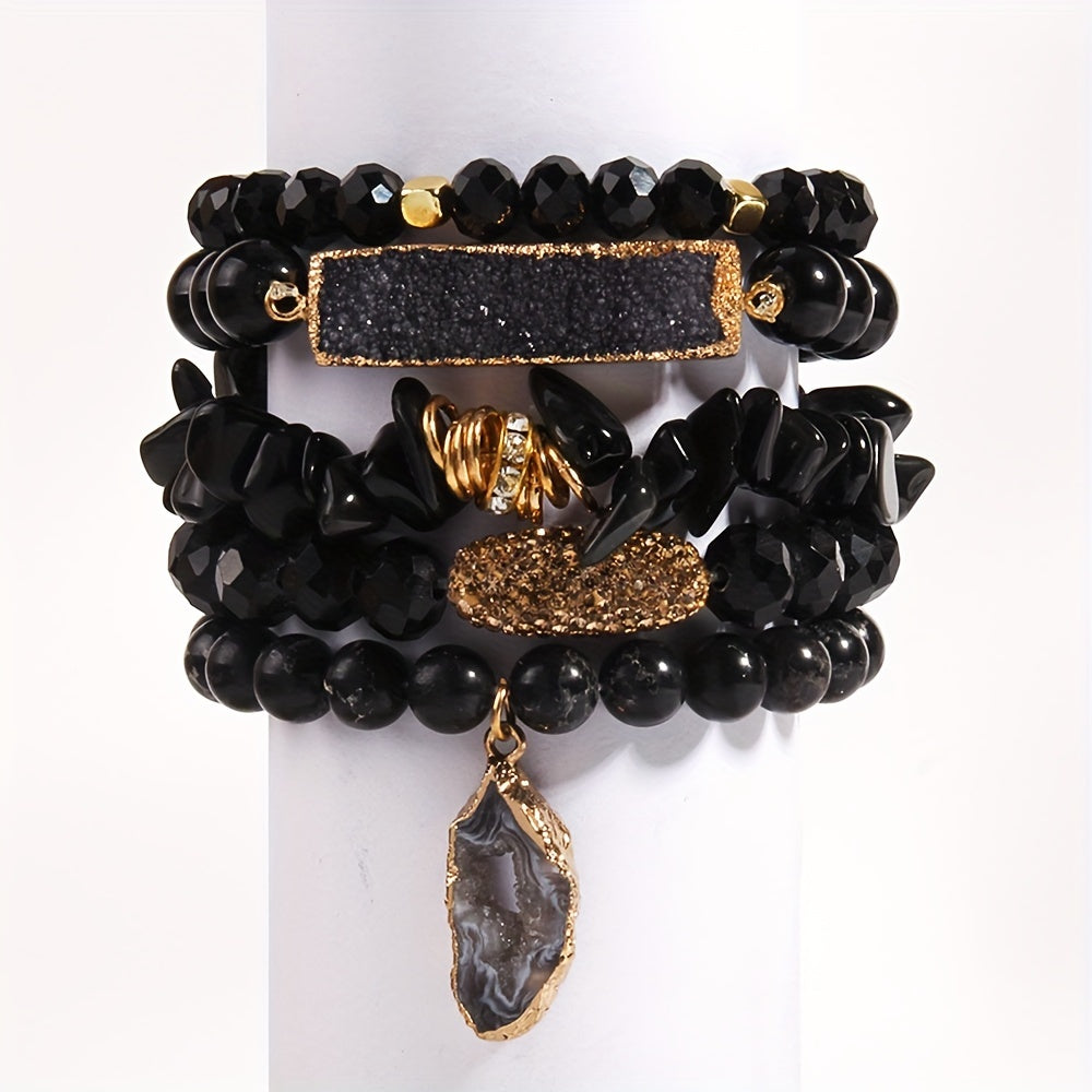 5pcs Boho Natural Stone Beaded Bracelet Set, Stackable Multi-Layer Handmade Stretch Bracelets, Fashion Boho Bracelet Jewelry For Women