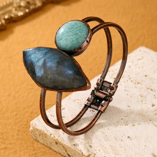 Vintage Bohemian Style Natural Labradorite Stone Bracelet - Handcrafted Antique Bronze Finish, Teardrop & Round Designs, Perfect for Parties & Gifts