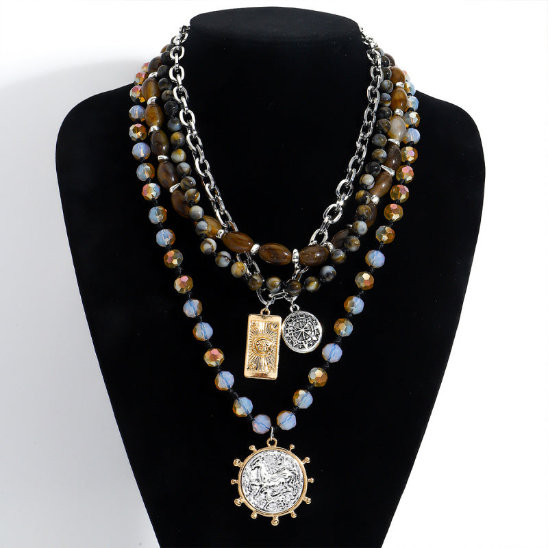 1pc Women's Multi-Layer Beaded Necklace - Blue & Brown Marbled Oval Pendant with Golden-Tone Chain, Retro-Sexy Layered Jewelry for Casual Attire, Valentine's Day Gift, Birthday Party Accessories - Durable Bead & Chain Design,
