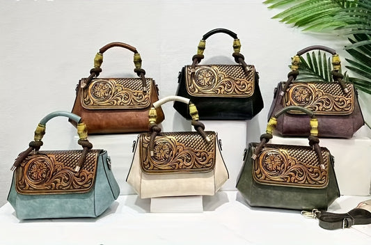 2025 Retro Chinese-Inspired Floral Carved Women's Handbag - Premium Second-Layer Leather Convertible Crossbody/Shoulder Bag with Adjustable Braided Strap, Secure Clasp Closure & Lined Interior - Available in Deep Brown, Beige