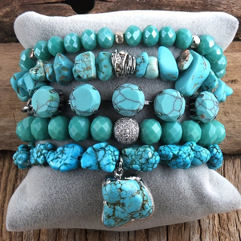 5pcs Boho Beaded Turquoise Bracelet Set, Stackable Multi-Layer Handmade Crystal And Turquoise Stretch Bracelets, Classic Design For Daily And Vacation Wear-Bohemian Elegant Style Suitable For Women Stackable