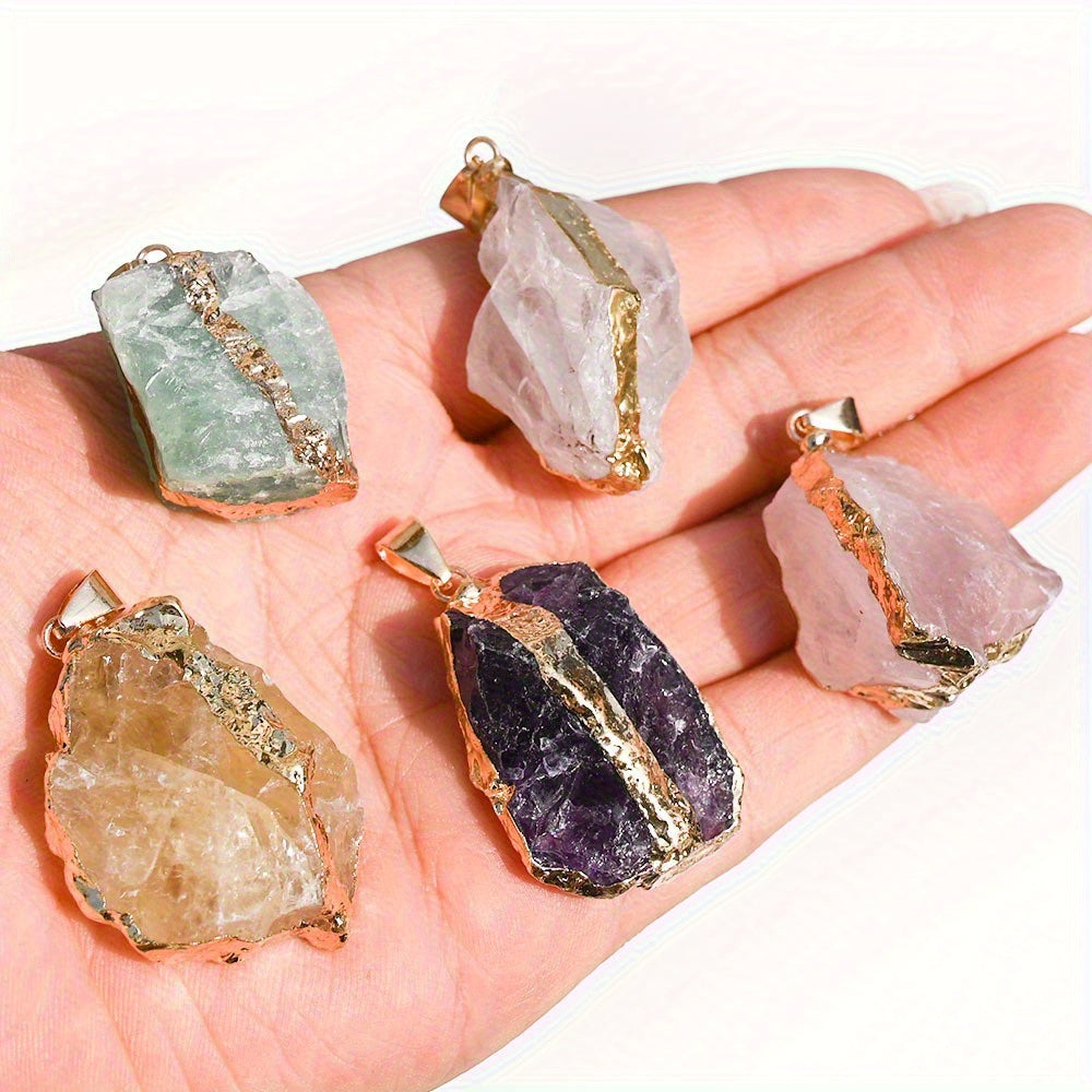 20pcs/ 10SET Natural Stone Irregular Bezel Pendants - Boho Chic Necklace DIY Kit with -Plated Edging & Black Leather Cords, Luxe Party Jewelry for Holidays/ Gifts, Includes 1 Free Storage Pouch