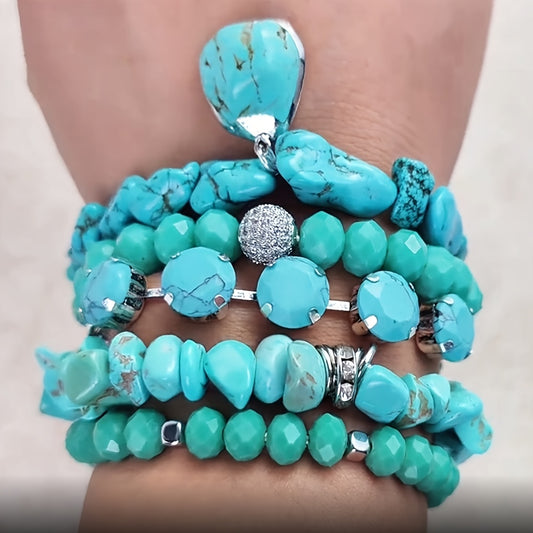 5pcs Boho Beaded Turquoise Bracelet Set, Stackable Multi-Layer Handmade Crystal And Turquoise Stretch Bracelets, Classic Design For Daily And Vacation Wear-Bohemian Elegant Style Suitable For Women Stackable