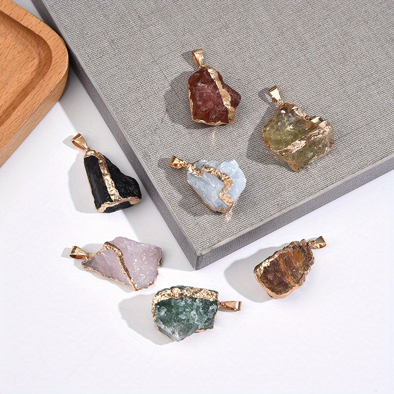 20pcs/ 10SET Natural Stone Irregular Bezel Pendants - Boho Chic Necklace DIY Kit with -Plated Edging & Black Leather Cords, Luxe Party Jewelry for Holidays/ Gifts, Includes 1 Free Storage Pouch