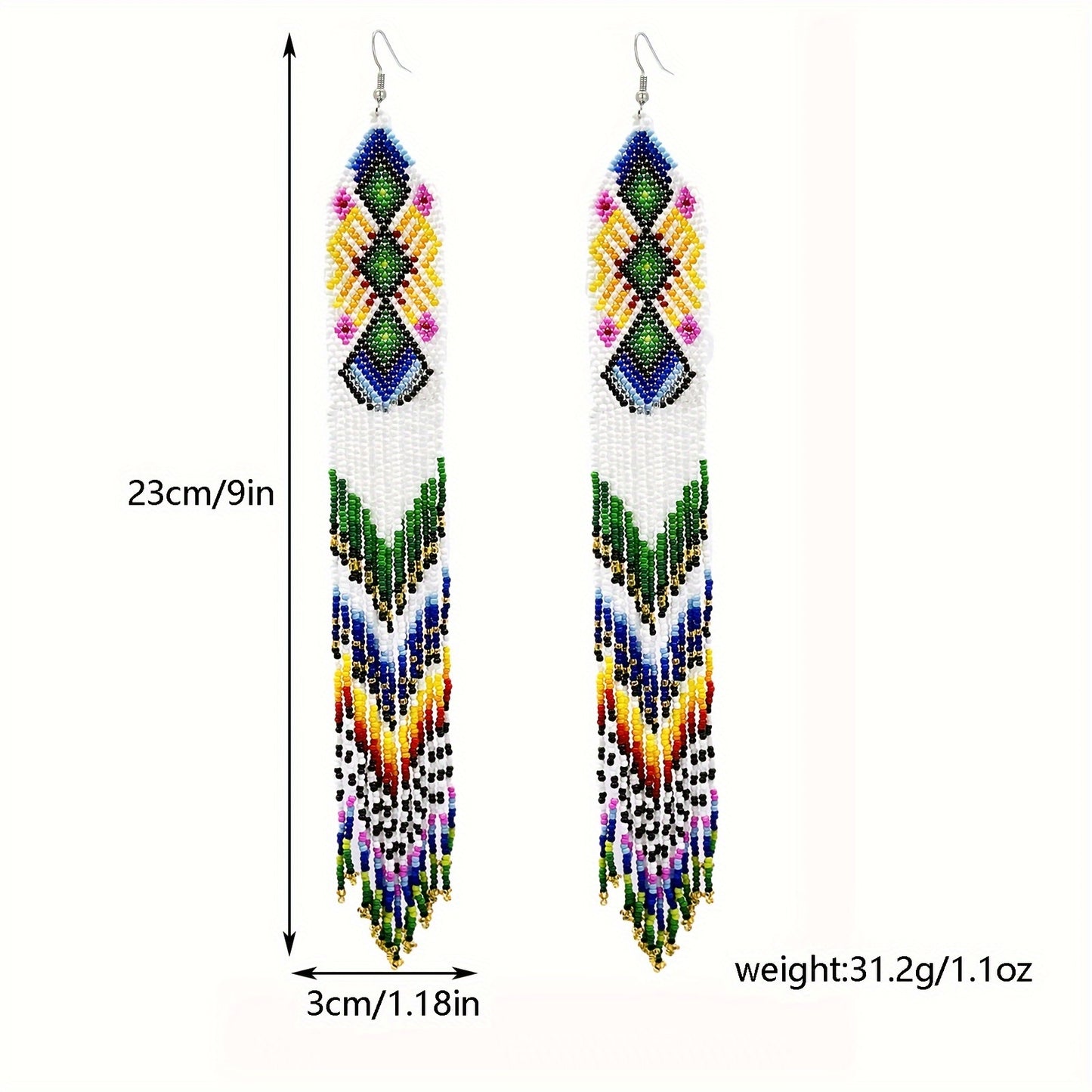 White Geometric Bohemian Ultra-long Tassel Earrings Top Beaded Tassel Earrings Handmade Glass Beads Rice Beads Seed Beads Lady Jewelry Holiday Party And Daily Wear The Best Gift Girls