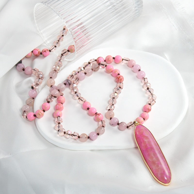 Women's Bohemian Multi-Color Bead Necklace with Pink & Magenta Marbled Teardrop Pendant - Pastel Pink/Green/Beige/Golden/Taupe Beads - Beige-Tone Accentuating Jewelry Gift for Fair Beige Tones, Everyday Boho Necklace (No Plat