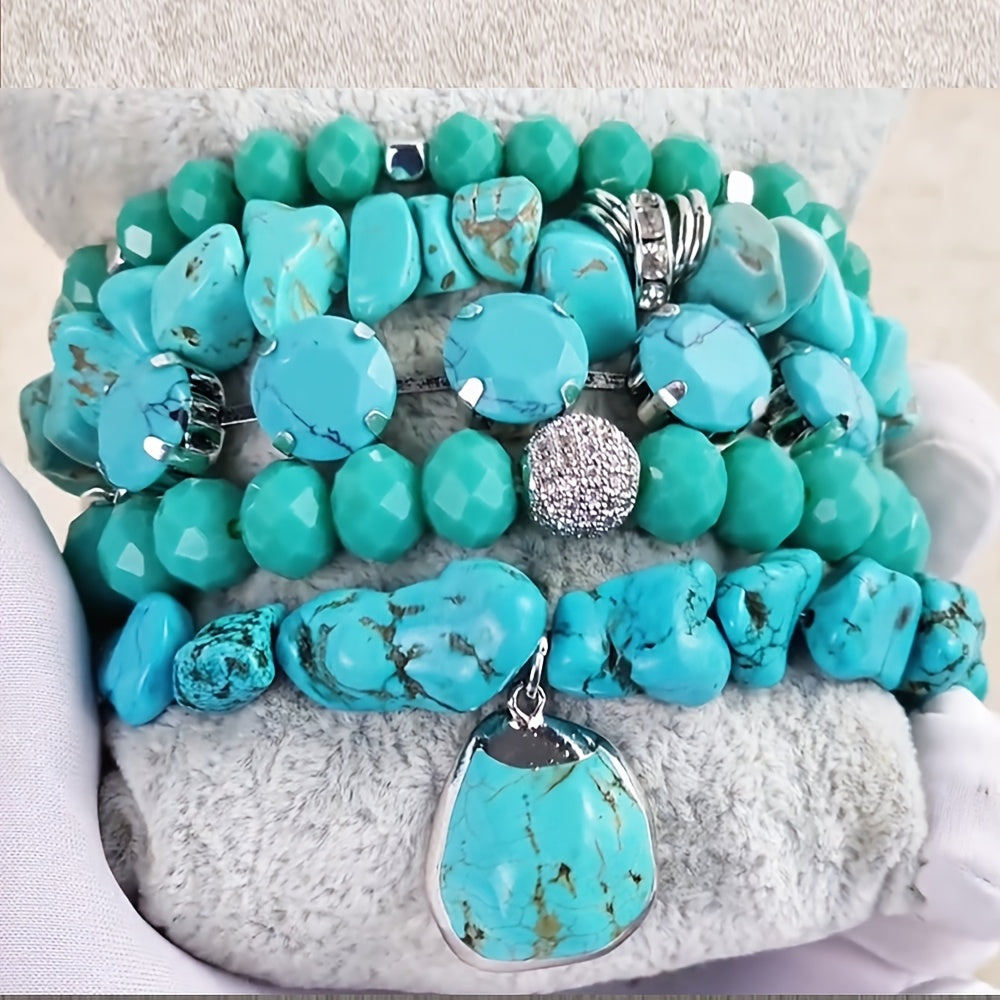 5pcs Boho Beaded Turquoise Bracelet Set, Stackable Multi-Layer Handmade Crystal And Turquoise Stretch Bracelets, Classic Design For Daily And Vacation Wear-Bohemian Elegant Style Suitable For Women Stackable