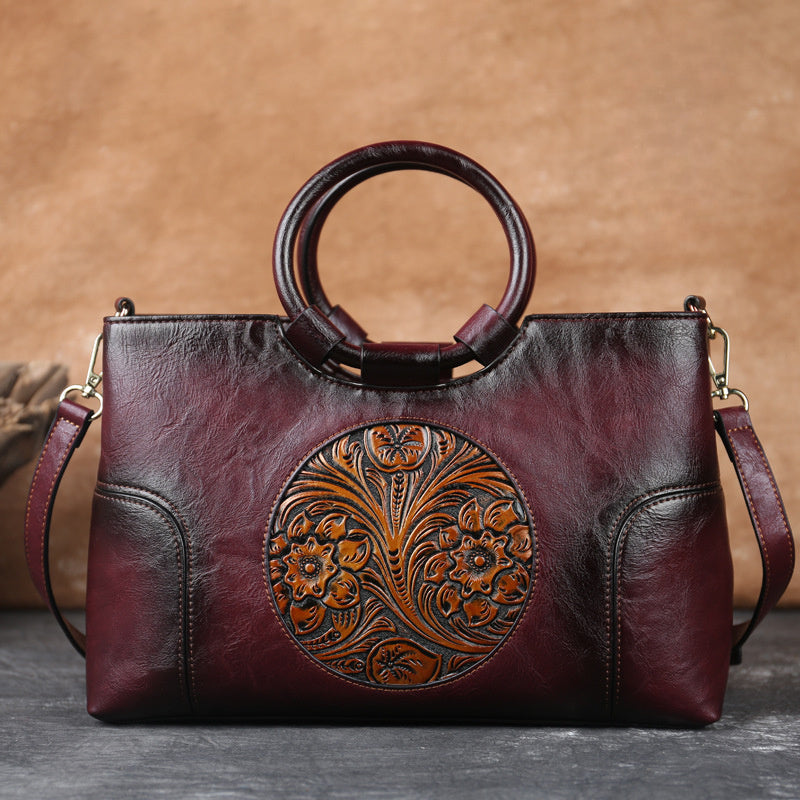 2025 Floral Embossed Crossbody Bag, Ethnic Style Olive Green/Brown Contrast Design, Dual-Use Handheld & Shoulder Bag, Golden-Tone Hardware Zipper Closure, Casual Formal Art Purse, Durable Polyester Lining, Fine Craftsmanship,