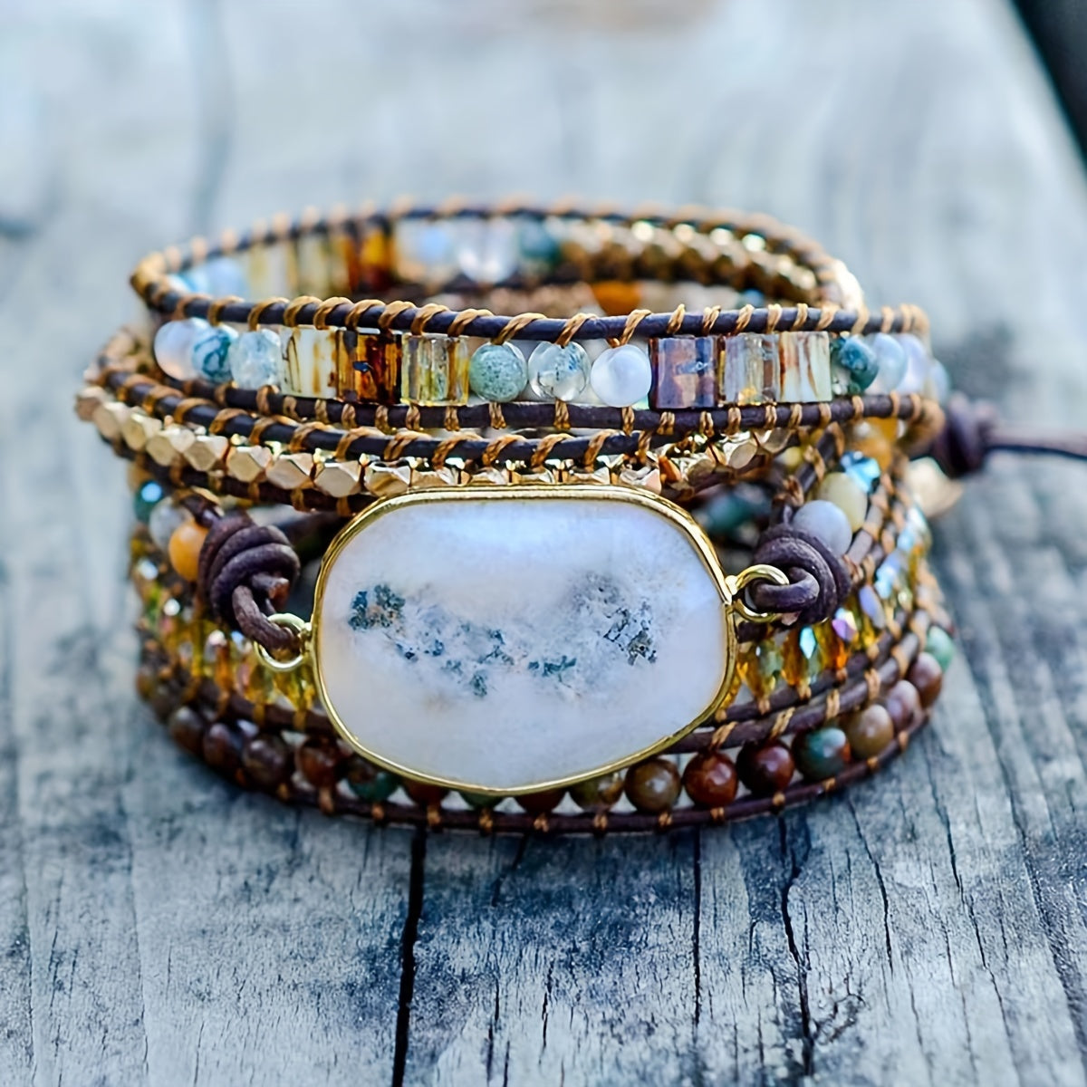 5 Wrap Bracelet Handmade Natural Stone Jasper White Opal Leather Boho Bracelets Jewelry