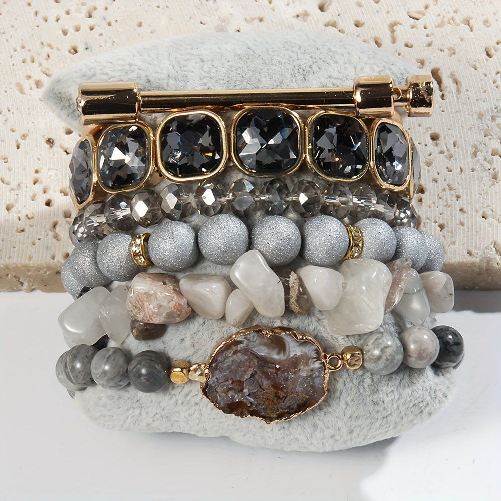 6pcs Boho Natural Stone Beaded Bracelet Set, Stackable Multi-Layer Handmade Stretch Bracelets, Bohemian Elegant Style Suitable For Women Stackable, Fashion Boho Bracelet Jewelry For Women