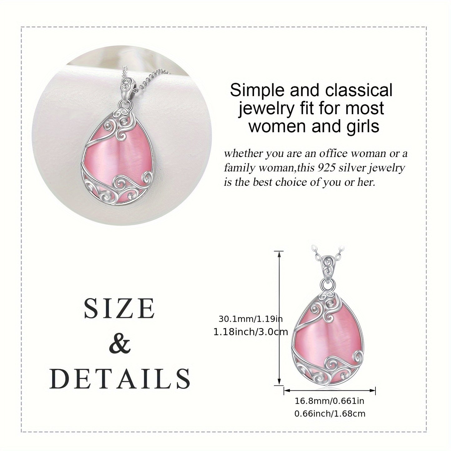 Teardrop Necklace 925 Sterling Silver Pink Natural Stone Necklace Filigree Pendant Necklace Jewelry For Women