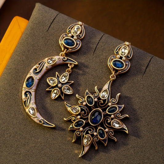 [Bohemian Earrings] Vintage-Inspired Bohemian Gothic Crescent Moon & Star Earrings | Mosaic Gemstones, Copper Alloy, Ideal for Theme Parties and Music Festivals, Unique Charm, Elegant Accessory
