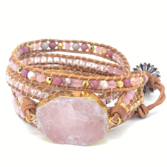 [5 Wrap Boho Bracelet] 5 Wrap Natural Rose Crystal Leather Handmade Boho Bracelet Jewelry