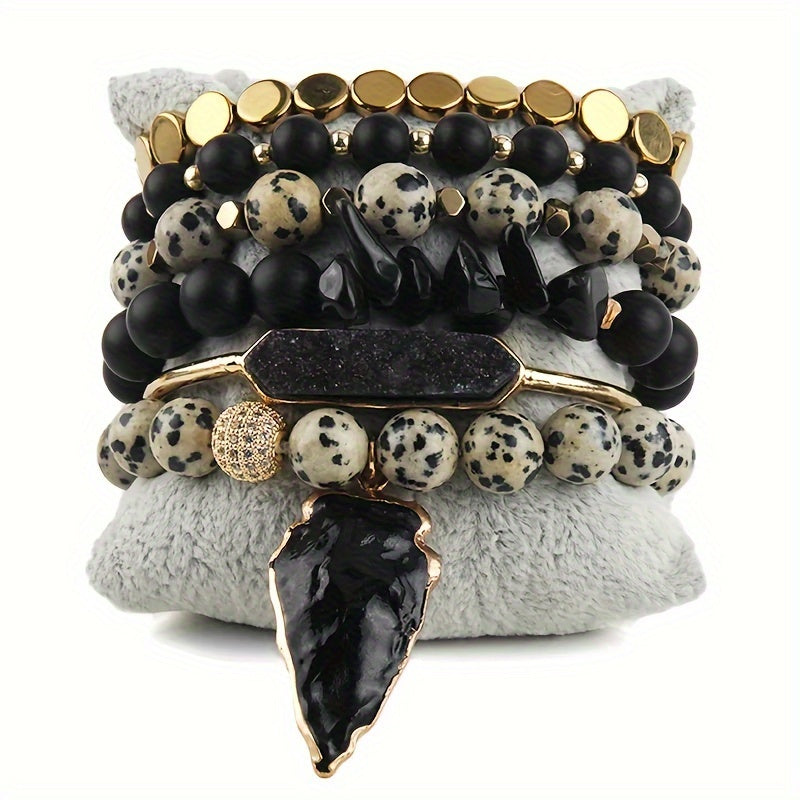6pcs Boho Chic Natural Stone Stretch Bracelet Set with Druzy Pendant Charm - Elegant Multi-Layer, Stackable Design for Daily & Vacation Wear - Ideal Gift for Friends & Family, Charm Bracelet