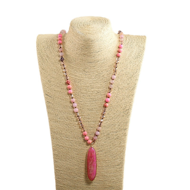 Women's Bohemian Multi-Color Bead Necklace with Pink & Magenta Marbled Teardrop Pendant - Pastel Pink/Green/Beige/Golden/Taupe Beads - Beige-Tone Accentuating Jewelry Gift for Fair Beige Tones, Everyday Boho Necklace (No Plat