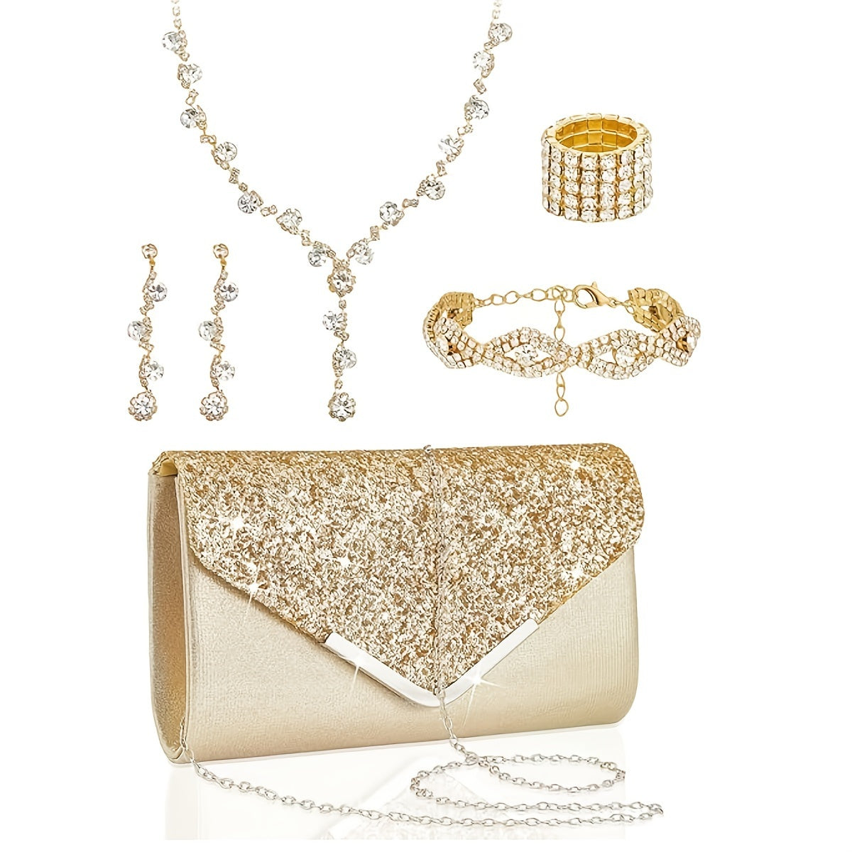5pcs Elegant Jewelry Set for Women - Chic Clutch, Necklace, Earrings, Bracelet & Ankle Chain, Perfect for Weddings & Formal Events, Wedding Jewelry | Glamorous Jewelry | Embellishments, Jewelry Set
