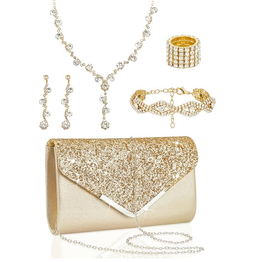 5pcs Elegant Jewelry Set for Women - Chic Clutch, Necklace, Earrings, Bracelet & Ankle Chain, Perfect for Weddings & Formal Events, Wedding Jewelry | Glamorous Jewelry | Embellishments, Jewelry Set