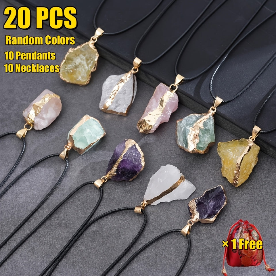 20pcs/ 10SET Natural Stone Irregular Bezel Pendants - Boho Chic Necklace DIY Kit with -Plated Edging & Black Leather Cords, Luxe Party Jewelry for Holidays/ Gifts, Includes 1 Free Storage Pouch