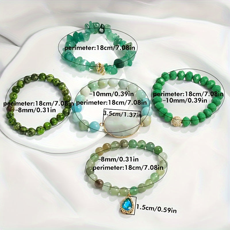 5pcs Natural Stone Bead Pendant String Bead Bracelet Set - Vintage Bohemian Style Stackable Bracelet Jewelry Set