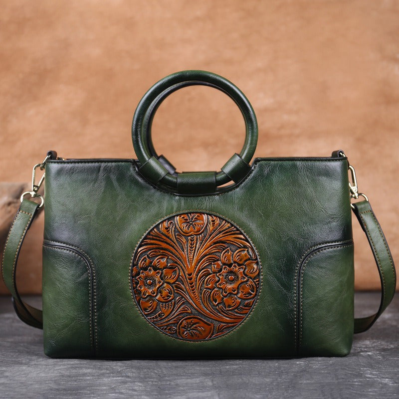 2025 Floral Embossed Crossbody Bag, Ethnic Style Olive Green/Brown Contrast Design, Dual-Use Handheld & Shoulder Bag, Golden-Tone Hardware Zipper Closure, Casual Formal Art Purse, Durable Polyester Lining, Fine Craftsmanship,