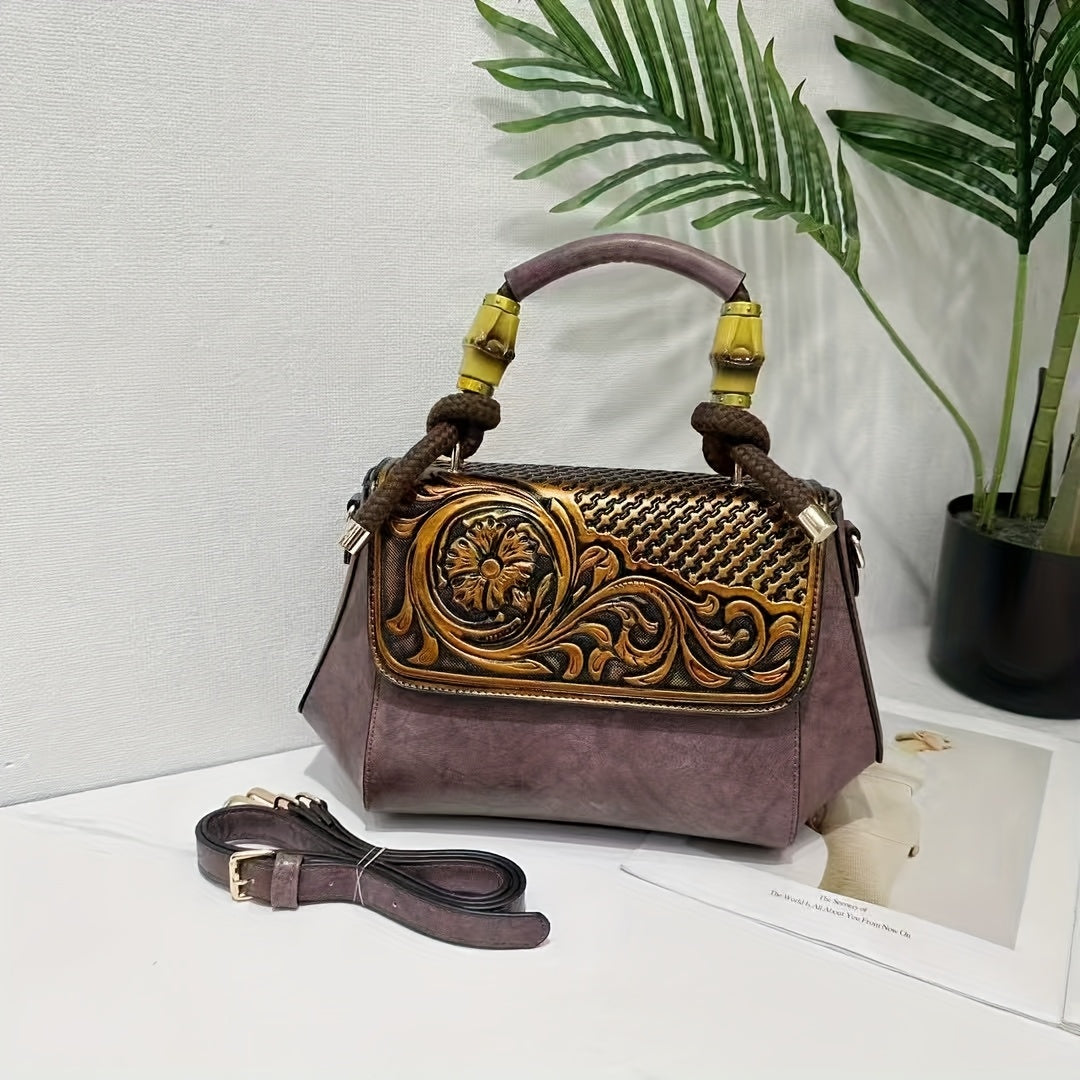 2025 Retro Chinese-Inspired Floral Carved Women's Handbag - Premium Second-Layer Leather Convertible Crossbody/Shoulder Bag with Adjustable Braided Strap, Secure Clasp Closure & Lined Interior - Available in Deep Brown, Beige