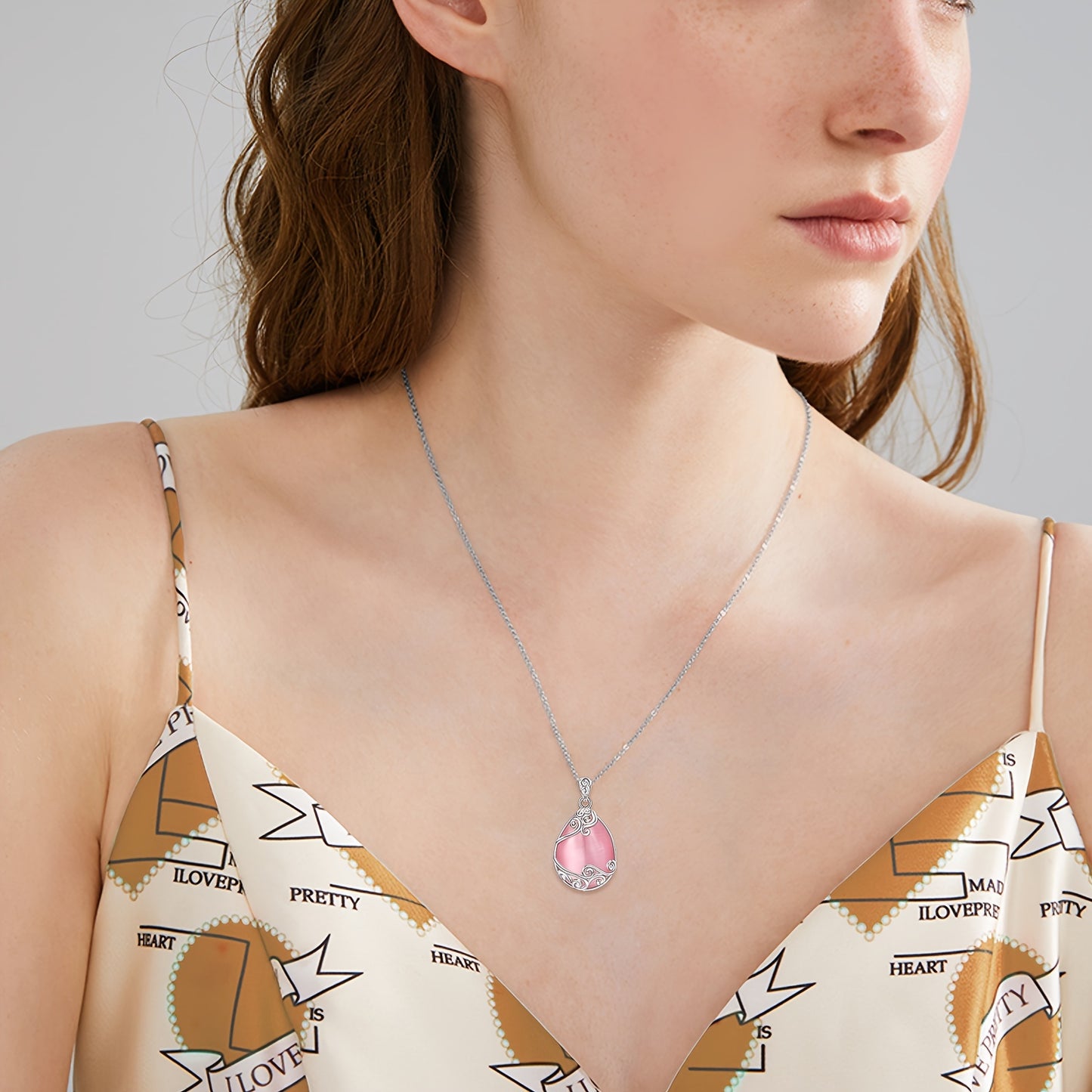 Teardrop Necklace 925 Sterling Silver Pink Natural Stone Necklace Filigree Pendant Necklace Jewelry For Women