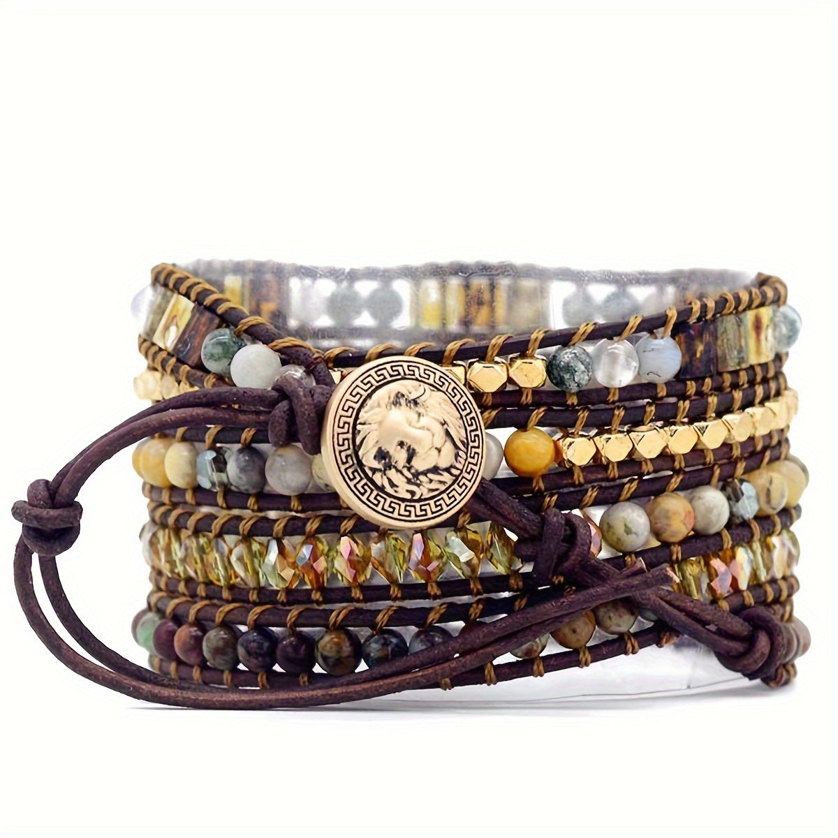 5 Wrap Bracelet Handmade Natural Stone Jasper White Opal Leather Boho Bracelets Jewelry