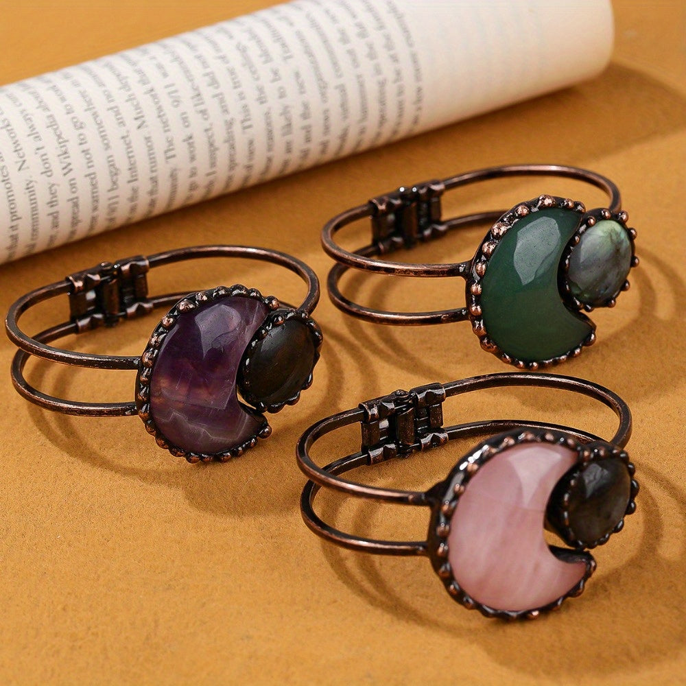 A Vintage Style Pink Crystal Amethyst Green Aventurine Moon Combination Labradorite Bronze Bracelet