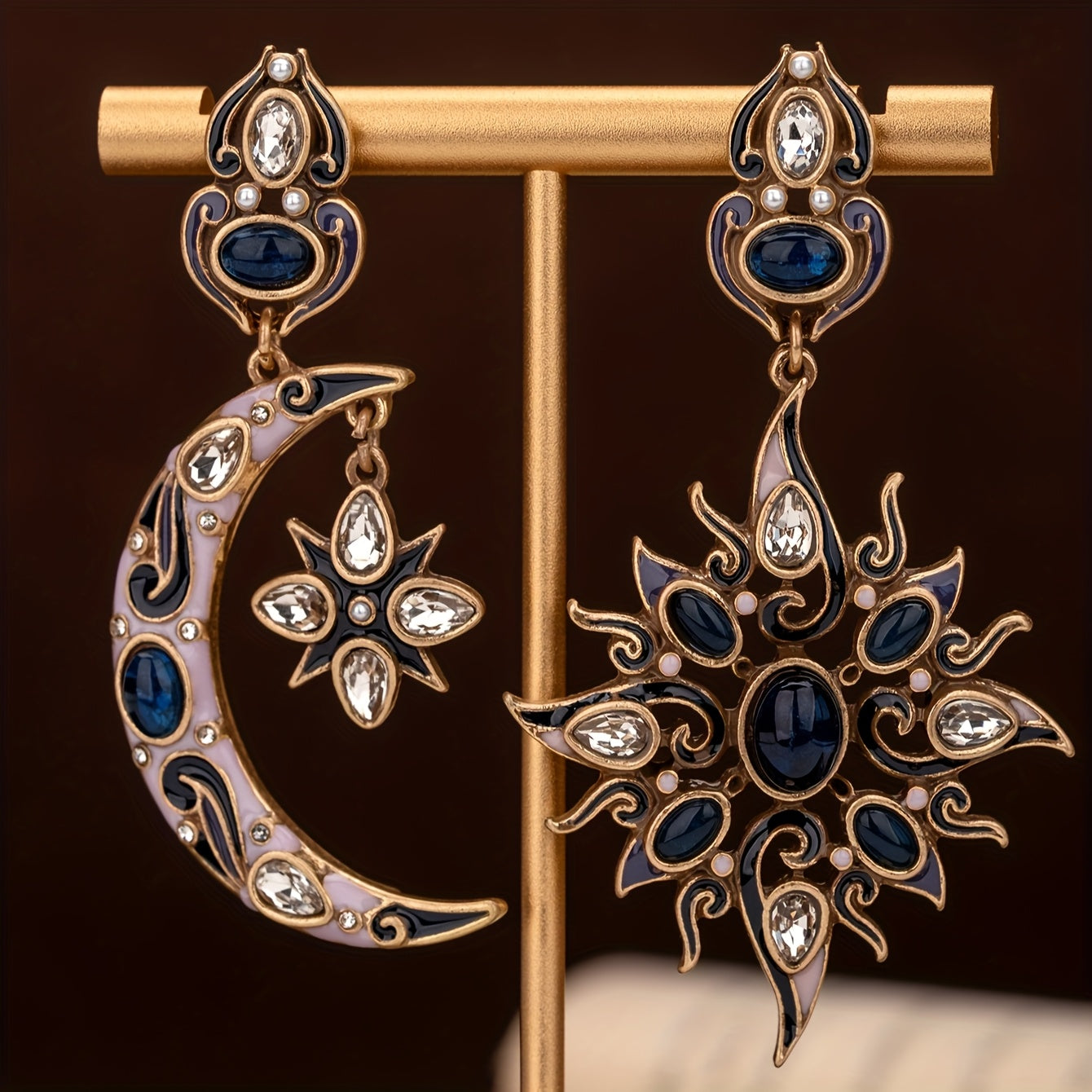 [Bohemian Earrings] Vintage-Inspired Bohemian Gothic Crescent Moon & Star Earrings | Mosaic Gemstones, Copper Alloy, Ideal for Theme Parties and Music Festivals, Unique Charm, Elegant Accessory