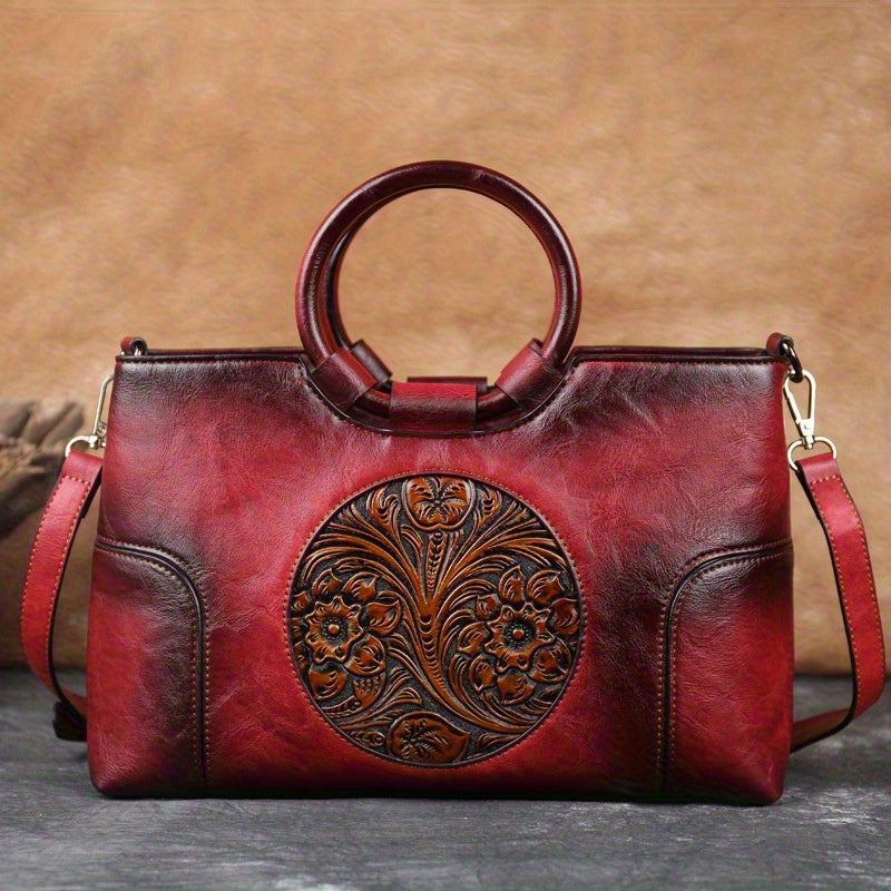 2025 Floral Embossed Crossbody Bag, Ethnic Style Olive Green/Brown Contrast Design, Dual-Use Handheld & Shoulder Bag, Golden-Tone Hardware Zipper Closure, Casual Formal Art Purse, Durable Polyester Lining, Fine Craftsmanship,