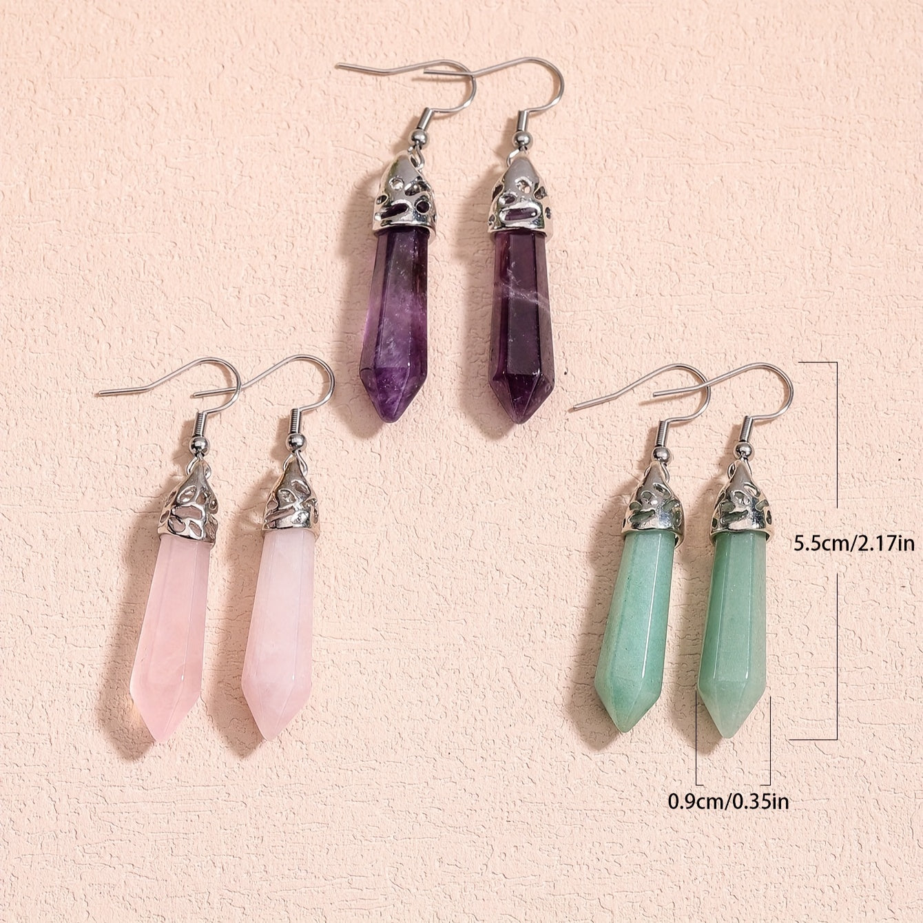 12Pairs Stone Earrings Sets For Men Women Natural Amethyst Rose Quartz Stone Hexagonal Dangle Stainless Steel Hook Earrings