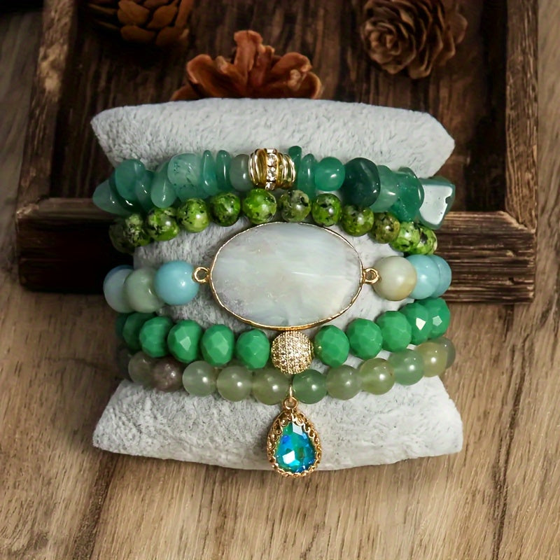 5pcs Natural Stone Bead Pendant String Bead Bracelet Set - Vintage Bohemian Style Stackable Bracelet Jewelry Set
