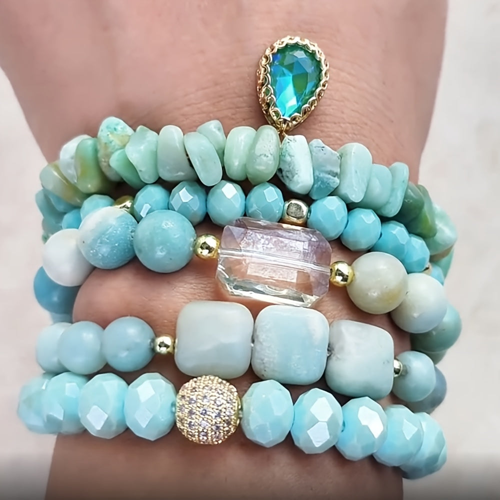 5pcs Boho Beaded Turquoise Bracelet Set, Stackable Multi-Layer Handmade Crystal And Turquoise Stretch Bracelets, Classic Design For Daily And Vacation Wear-Bohemian Elegant Style Suitable For Women Stackable