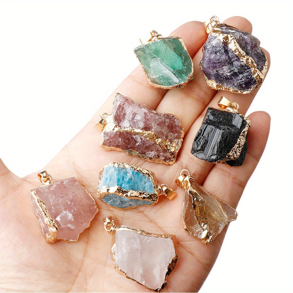 20pcs/ 10SET Natural Stone Irregular Bezel Pendants - Boho Chic Necklace DIY Kit with -Plated Edging & Black Leather Cords, Luxe Party Jewelry for Holidays/ Gifts, Includes 1 Free Storage Pouch