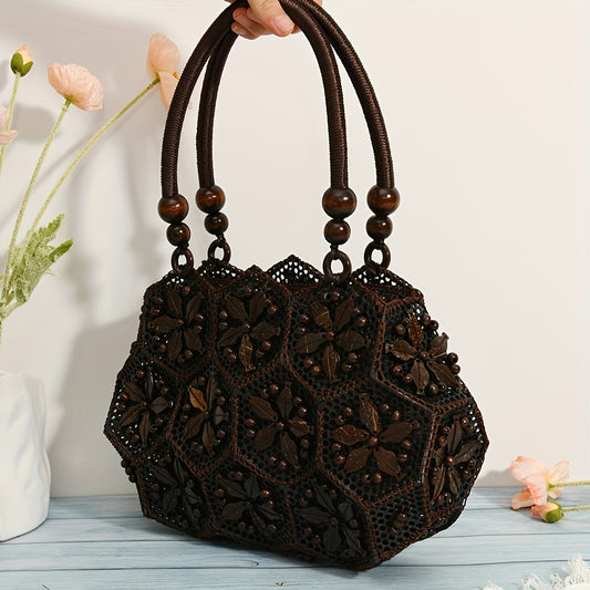 [2024 Bohemian Bag] High-Quality Bohemian Retro Handmade Coconut Shell Bag for Women | Geometric Pattern Deep Brown Plastic Handbag with Zipper Closure & Lining | Versatile for Casual & Formal Occasions, Vintage Handbag, Form