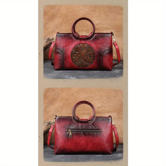 2025 Floral Embossed Crossbody Bag, Ethnic Style Olive Green/Brown Contrast Design, Dual-Use Handheld & Shoulder Bag, Golden-Tone Hardware Zipper Closure, Casual Formal Art Purse, Durable Polyester Lining, Fine Craftsmanship,