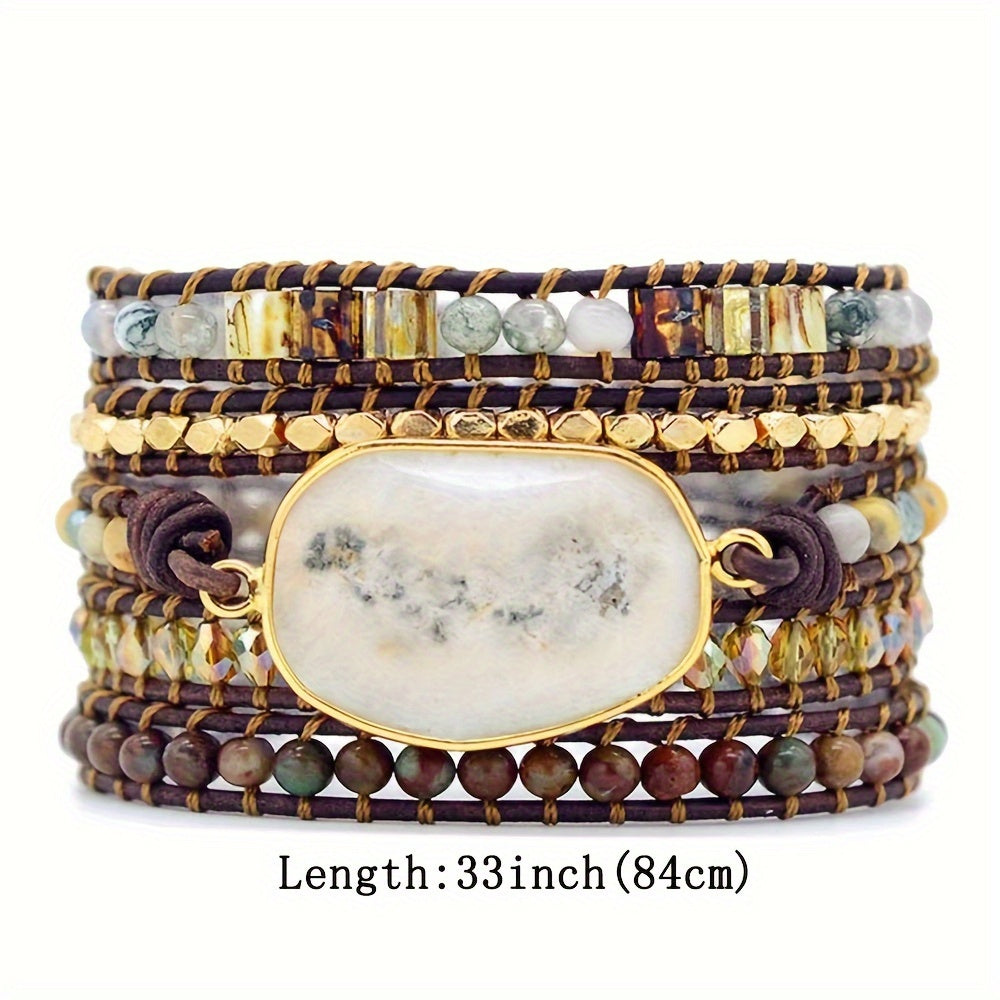 5 Wrap Bracelet Handmade Natural Stone Jasper White Opal Leather Boho Bracelets Jewelry