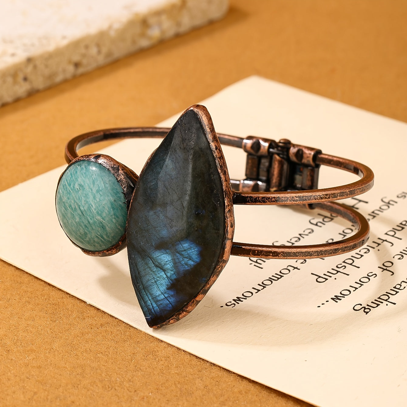 Vintage Bohemian Style Natural Labradorite Stone Bracelet - Handcrafted Antique Bronze Finish, Teardrop & Round Designs, Perfect for Parties & Gifts